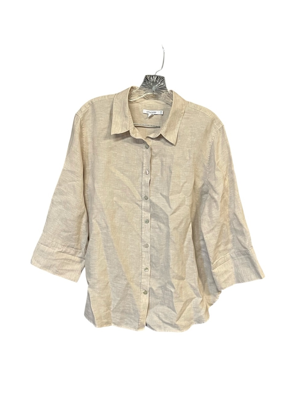 Chico’s Linen Button Up Shirt Women’s US 14 Beige Collared 3/4 Sleeve